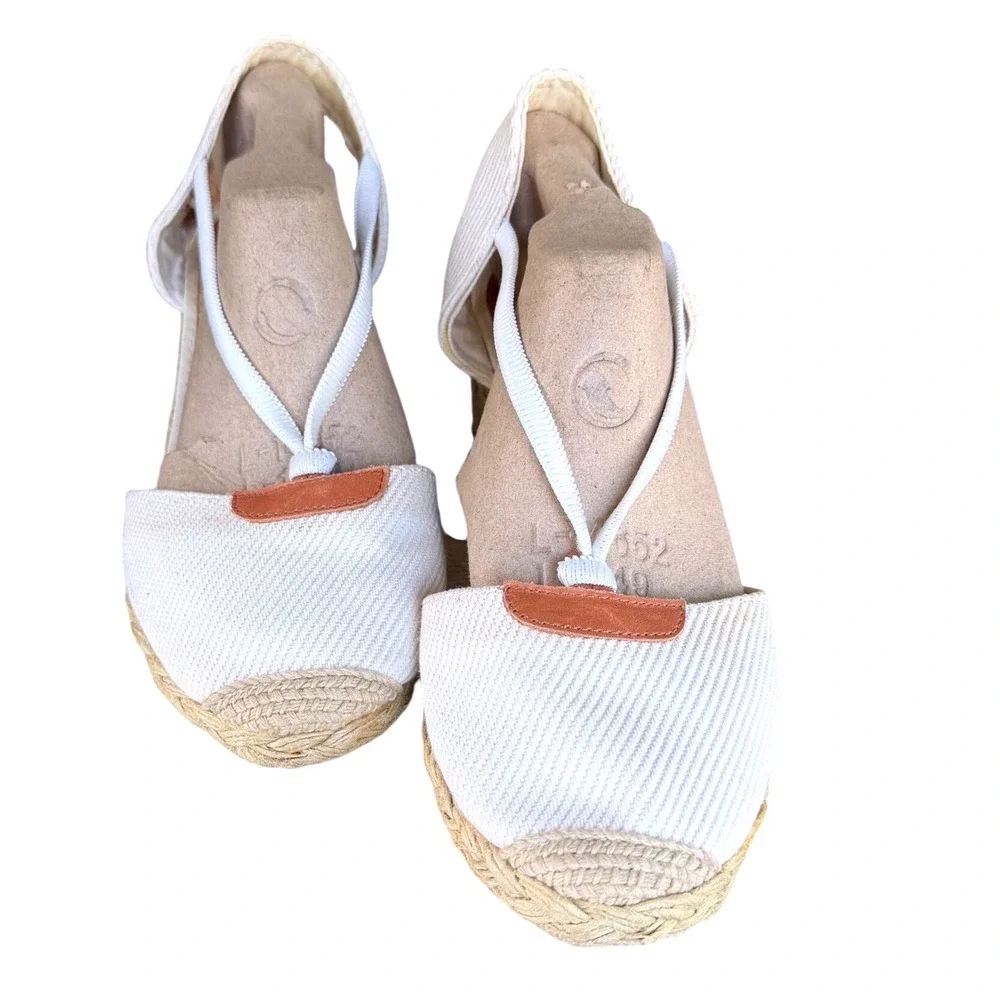 Lauren‎ Ralph Lauren Cream Canvas Espadrille 9B Wedge Sandals Slingback coastal